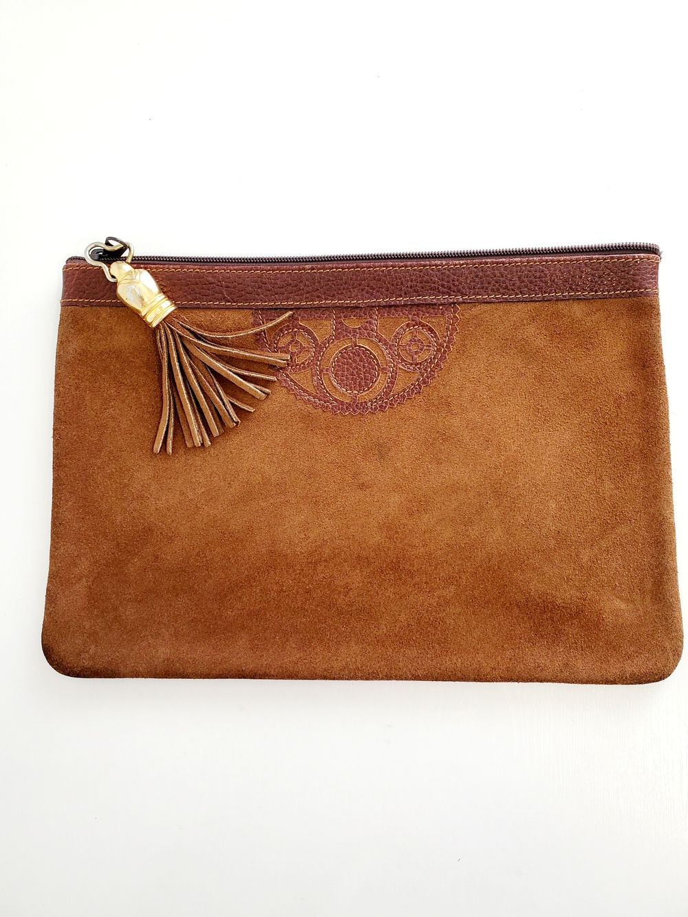 Leather Suede Tassel Clutch in Brown